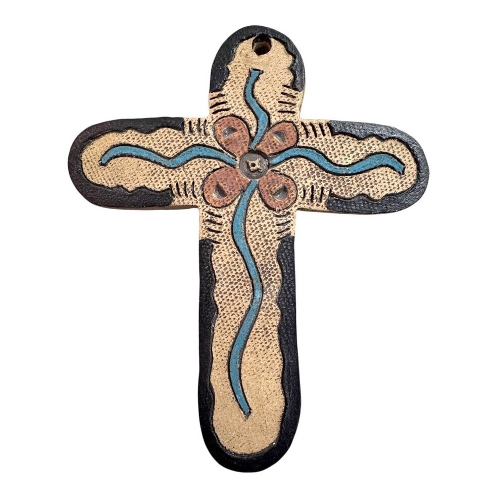 Vintage Handmade Ceramic Cross Wall Hanging Flower Southwest Blue & Brown Accent